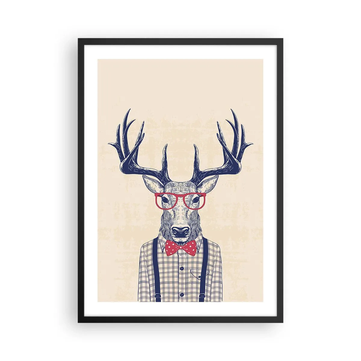 Poszter fehér keretben - Stílusos szarvas szemüveggel és csokornyakkendővel bézs alapon - 50x70cm - Mókás extravagancia - Modern fali dekoráció nappalihoz és hálószobához ARTTOR