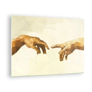 Üveg kép - Az „Ádám teremtése” című festmény stilizált változata poligon technikával - 70x50cm - Isteni geometria - Modern fali dekoráció nappalihoz és hálószobához ARTTOR