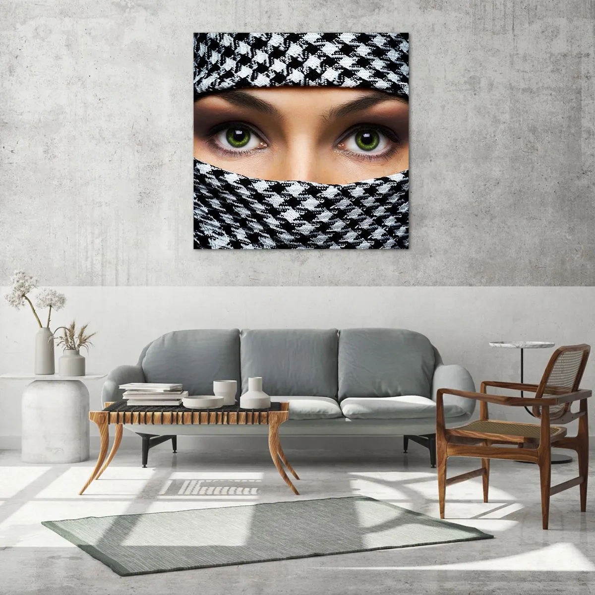 Üveg kép - Egy fátyolos zöld szemű szépség portréja - 40x40 cm