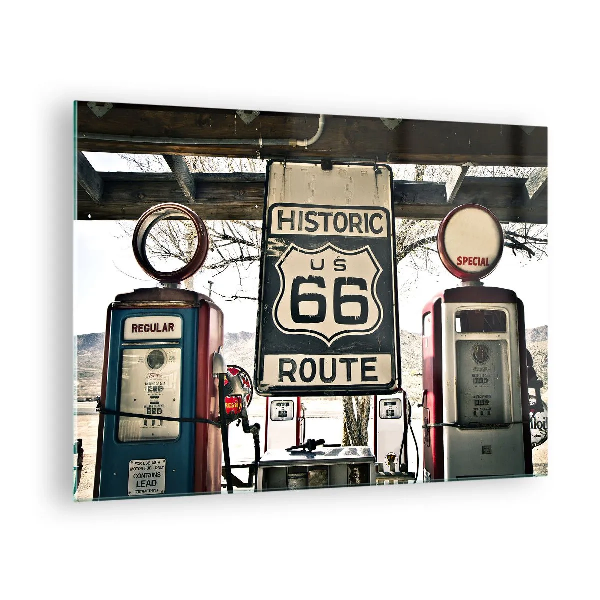 Üveg kép - Vintage benzinkutak és a 66-os út tábla - 70x50cm - Amerikai retro utazás - Modern fali dekoráció nappalihoz és hálószobához ARTTOR