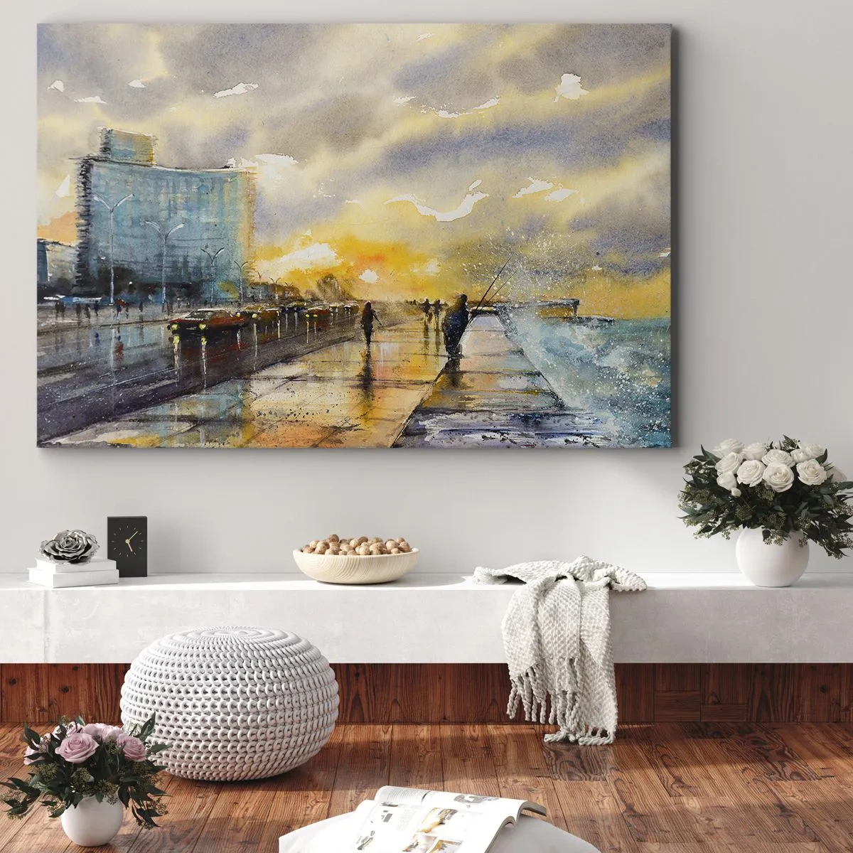 Vászonkép - Festői kilátás a tengerparti sétányra naplementekor - 70x50cm - Élet a parton - Modern fali dekoráció nappalihoz és hálószobához ARTTOR