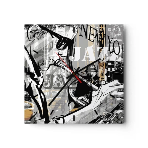 Falióra, Óra Arttor 30x30 cm - A New York ritmusában - New York, Zene, Dzsessz, Művészet, Trombita, Négyzet, Stencil vonalak, A nappaliba, A hálószobába, Szürke, Fehér, C3AC30x30-3792