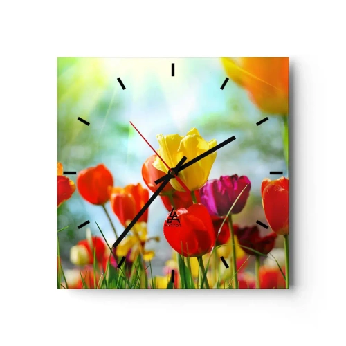 Falióra, Óra Arttor 30x30 cm - A nap minden színe - Tulipánok, Virágok, Rét, Természet, Színes Virágok, Négyzet, Stencil vonalak, A nappaliba, A hálószobába, Piros, Sárga, C3AC30x30-2566