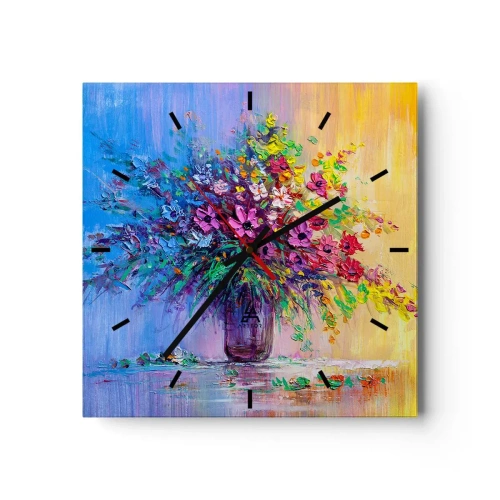 Falióra, Óra Arttor 30x30 cm - A rét nyári ajándéka - Virágok Egy Vázában, Művészet, Csokor Virág, Festmény, Művészeti Művészet, Négyzet, Stencil vonalak, A nappaliba, A hálószobába, Kék, Sárga, C3AC30x30-4117
