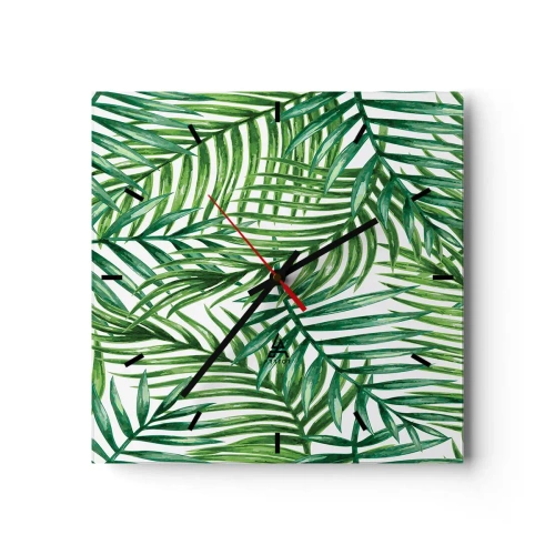 Falióra, Óra Arttor 30x30 cm - A zöld lombkorona alatt - Absztrakció, Pálmafa Levél, Kókuszpálma, Művészet, Grafika, Négyzet, Stencil vonalak, A nappaliba, A hálószobába, Zöld, Fehér, C3AC30x30-3777