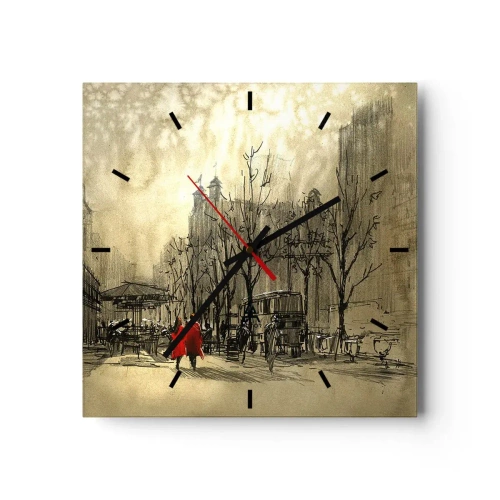 Falióra, Óra Arttor 30x30 cm - Egy randevú a londoni ködben - Város, London, Építészet, Szeretet, Romantikus Pár, Négyzet, Stencil vonalak, A nappaliba, A hálószobába, Piros, Fehér, C3AC30x30-3190
