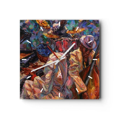 Falióra, Óra Arttor 30x30 cm - Egy ritmusban - Zene, Dzsessz, Nagybőgő, Gordonka, Zongora, Négyzet, Stencil vonalak, A nappaliba, A hálószobába, Fekete, Piros, C3AC30x30-3481