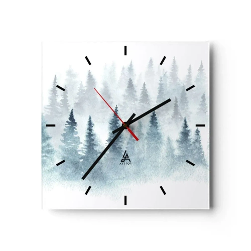 Falióra, Óra Arttor 30x30 cm - Ködbe burkolózva - Tájkép, Erdő, Lucfenyő, Modern Művészet, Művészeti Művészet, Négyzet, Stencil vonalak, A nappaliba, A hálószobába, Fehér, Narancssárga, C3AC30x30-3981