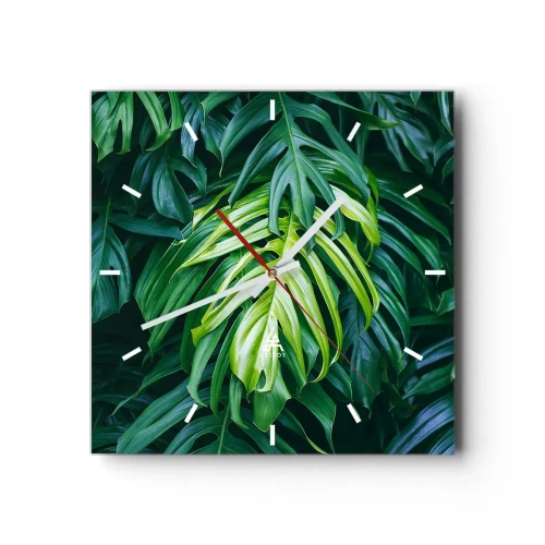 Falióra, Óra Arttor 30x30 cm - Merüljön el a frissességben - Trópusi Növény, Monstera Levél, Természet, Zöld Levél, Hawaii, Négyzet, Stencil vonalak, A nappaliba, A hálószobába, Zöld, Fekete, C3AC30x30-3951