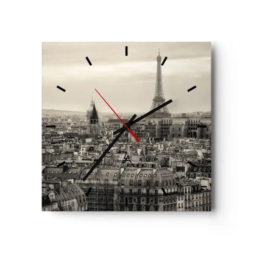Falióra, Óra Arttor 30x30 cm - Párizs háztetői fölött - Város, Párizs, Építészet, Eiffel-Torony, Szépia, Négyzet, Stencil vonalak, A nappaliba, A hálószobába, Szürke, Fekete, C3AC30x30-3615