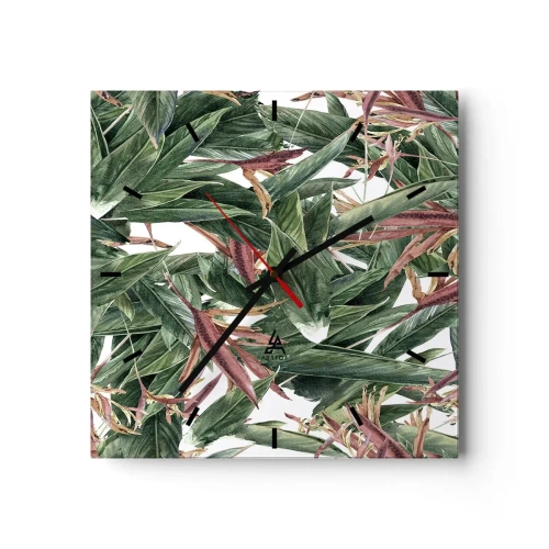 Falióra, Óra Arttor 30x30 cm - Smaragd-lila bozót - Virágok, Hawaii, Levelek, Természet, Modern Művészet, Négyzet, Stencil vonalak, A nappaliba, A hálószobába, Zöld, Rózsaszín, C3AC30x30-3844