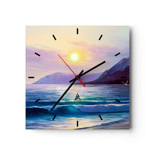 Falióra, Óra Arttor 30x30 cm - Víz és levegő kristály - Tájkép, Tenger, Hegyek, Természet, Festmény, Négyzet, Stencil vonalak, A nappaliba, Kék, Lila, C3AC30x30-3952