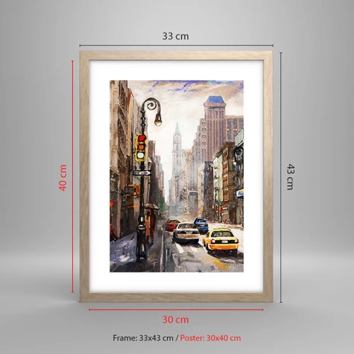 Poszter világos tölgy keretben - New York – esőben is színes - 30x40 cm