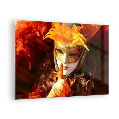 Üveg kép Arttor 70x50 cm - A rejtély a játék része - Velencei Maszk, Művészet, Velence, Karnevál, Olaszország, A nappaliba, A hálószobába, Narancssárga, Arany, Vízszintes, Üveg, GAA70x50-0420