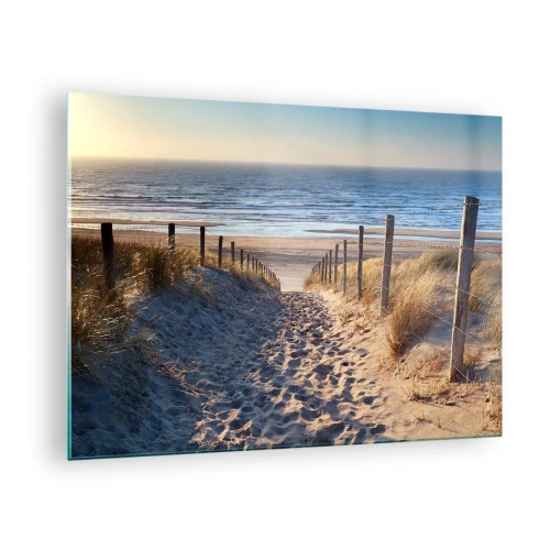 Üveg kép Arttor 70x50 cm - A tenger hangja, a madarak éneke, egy vad tengerpart a fű között... - Tájkép, Strand, Dűnék, Tenger, Leszállás A Tengerpartra, A nappaliba, A hálószobába, Kék, Barna, Vízszintes, Üveg, GAA70x50-3612