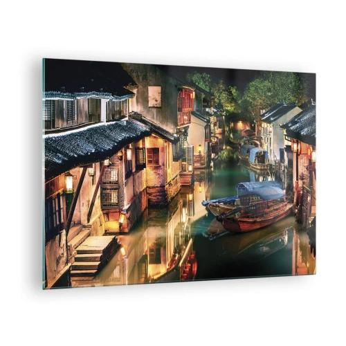 Üveg kép Arttor 70x50 cm - Este egy kínai utcán - Tájkép, Város, Ázsia, Ház A Vízen, Łódź, A nappaliba, A hálószobába, Fehér, Barna, Vízszintes, Üveg, GAA70x50-4657
