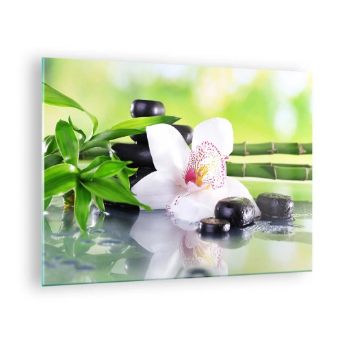 Üveg kép Arttor 70x50 cm - Hűvös frissesség - Bambusz, Virág, Orchidea, Gyógyfürdő, Ázsia, A nappaliba, A hálószobába, Fehér, Zöld, Vízszintes, Üveg, GAA70x50-3659