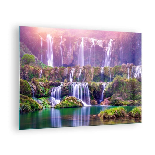 Üveg kép Arttor 70x50 cm - Lépcső a menybe - Tájkép, Vízesés, Hegyek, Természet, Folyó, A nappaliba, A hálószobába, Zöld, Fehér, Vízszintes, Üveg, GAA70x50-3893